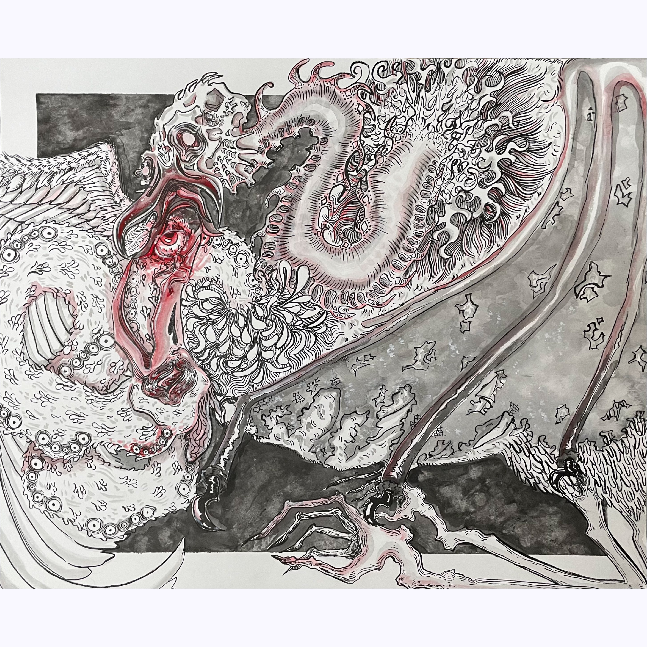 Two bird-like creatures fight over a disembodied eye. The piece is rendered in black and white with red embelishment.